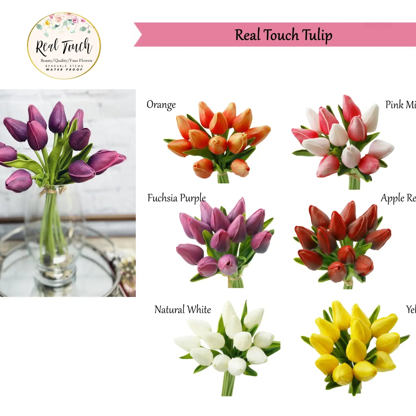 10.5 In. Dozen Stem Real Touch Pink Tulips